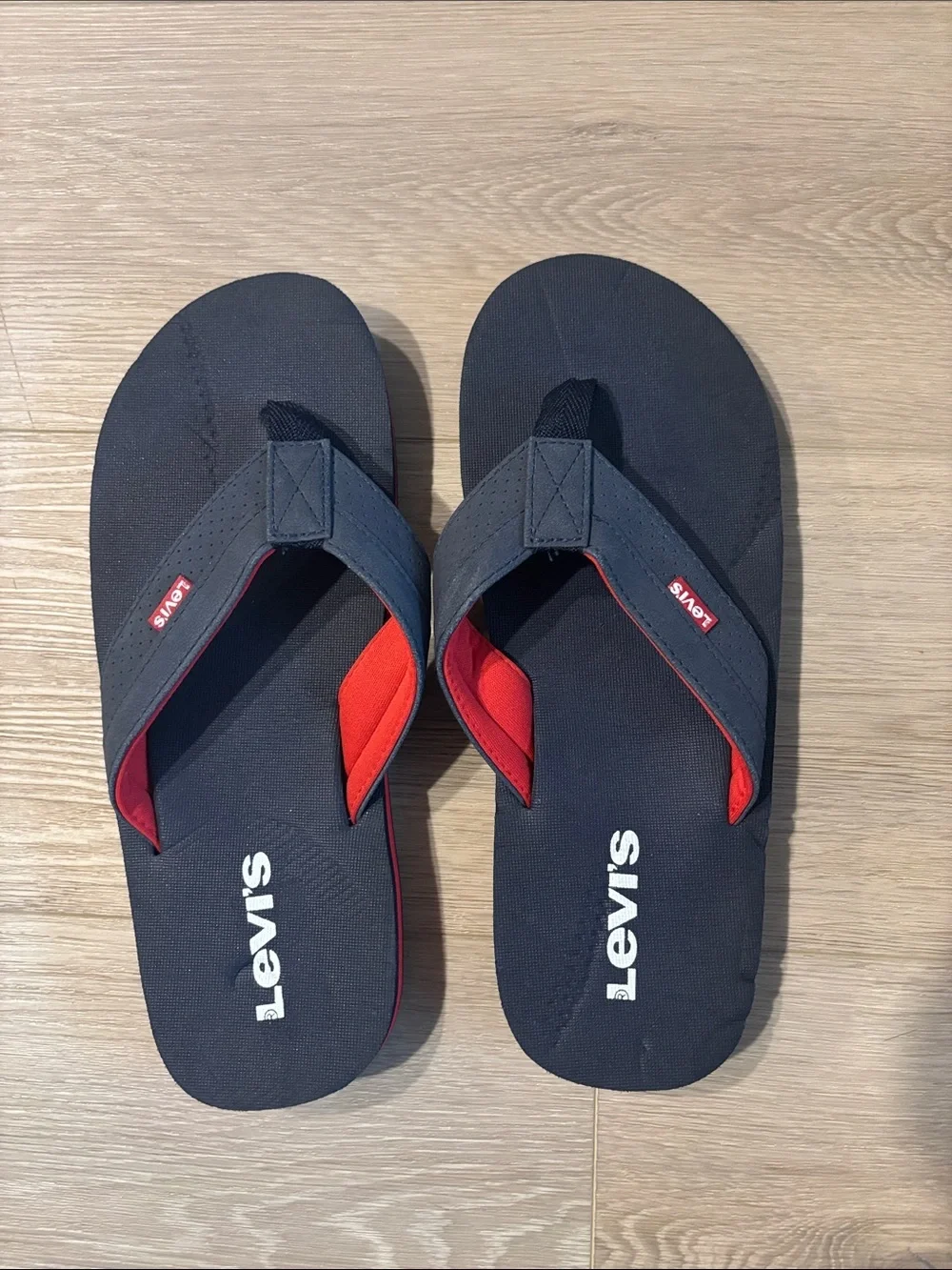 Levi's Navy Flip Flops with Red Accents